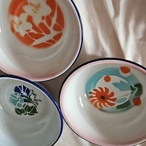 Old vtg Good Luck Chinese Enamel steel bowls 3pce vintage